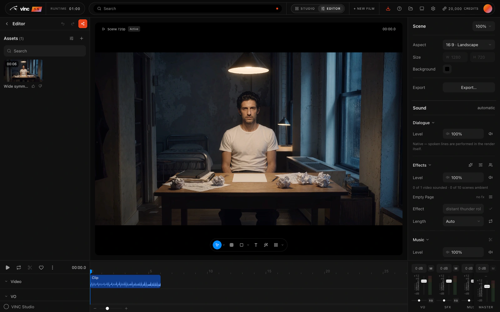 Vinc 1.5 Editor with a film preview, video timeline, sound controls and audio mixer