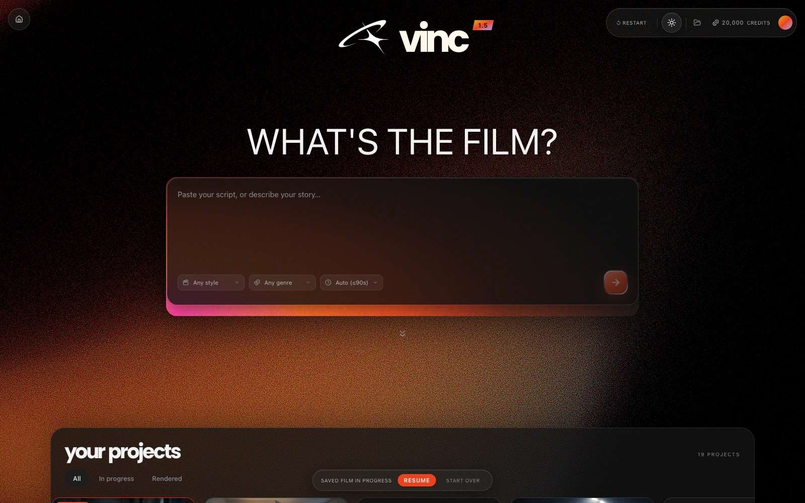 Vinc 1.5 Prompt screen with a story box and style, genre and length controls