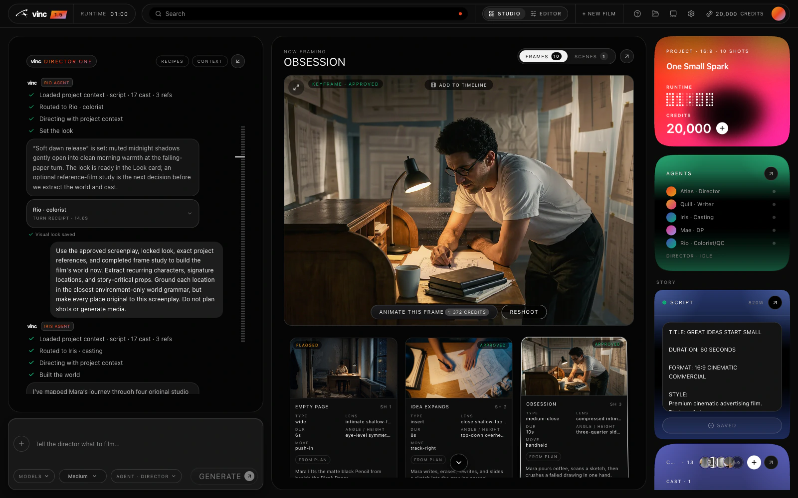 Vinc 1.5 Studio showing the Director, an approved shot, storyboard, agents and script